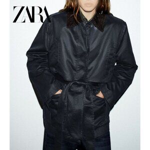 Sold out NWT Zara navy waxed cotton jacket, corduroy collar, belt, M